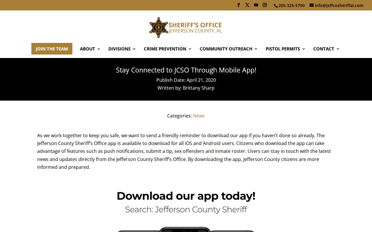 Jefferson County Sheriff's Office mobile app announcement for inmate roster access