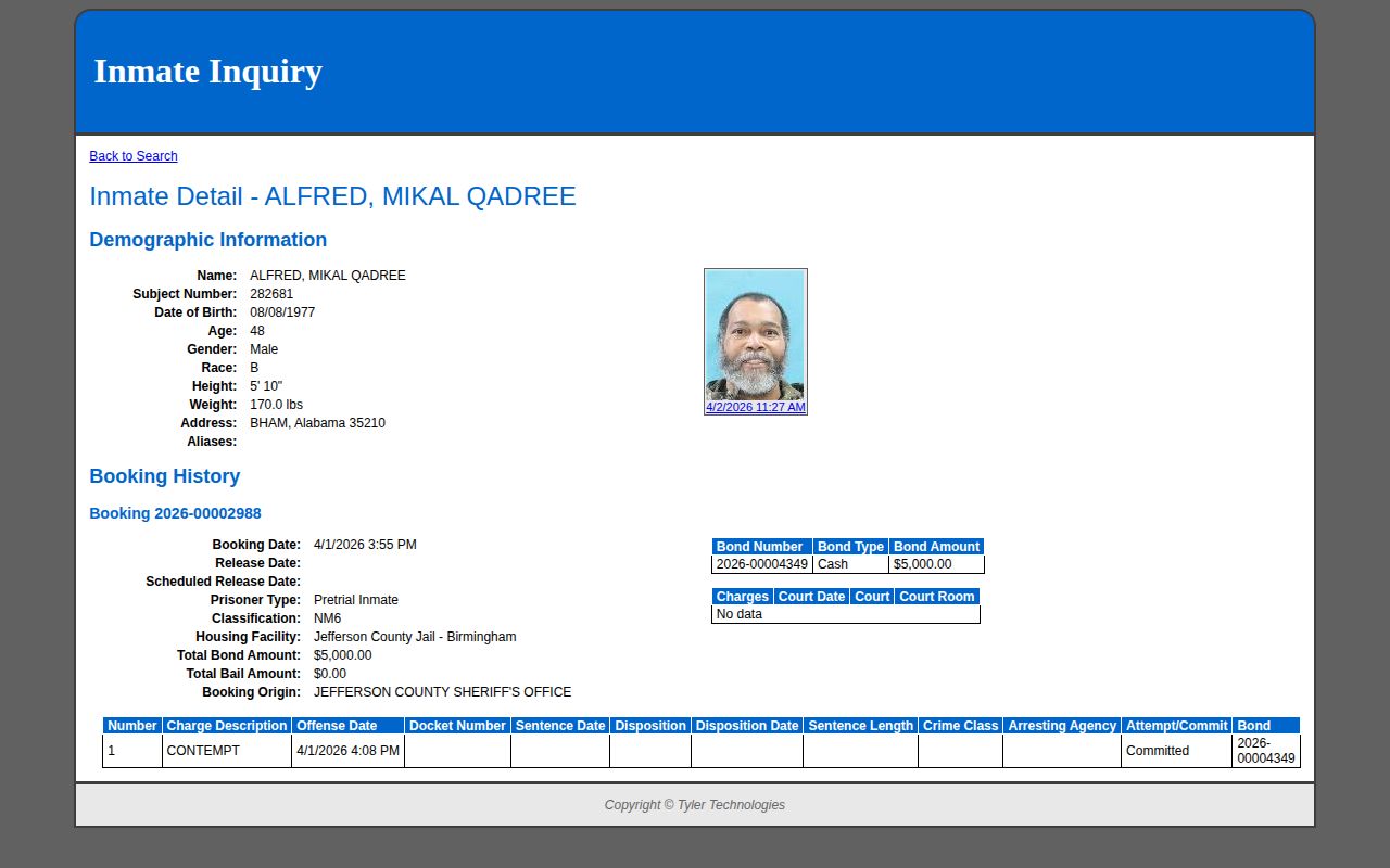 Jefferson County Tyler booking detail page showing jail booking fields used for recent-release checks