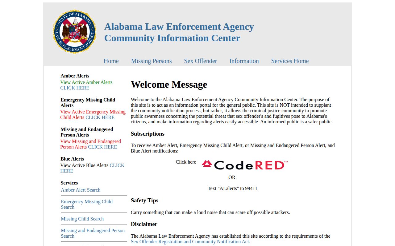 ALEA Community Information Center page used as a related Alabama public safety source