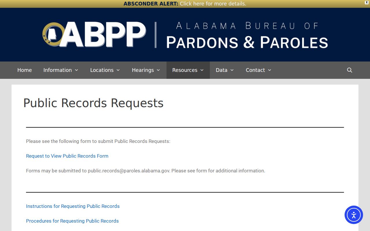 ABPP public records request page for parole and probation records