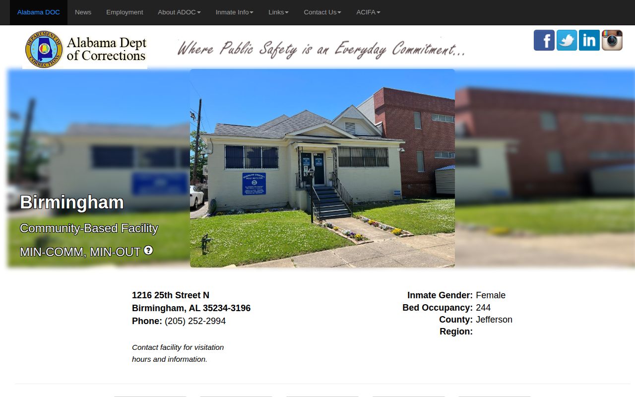 ADOC Birmingham Women's Community Based Facility and Community Work Center page