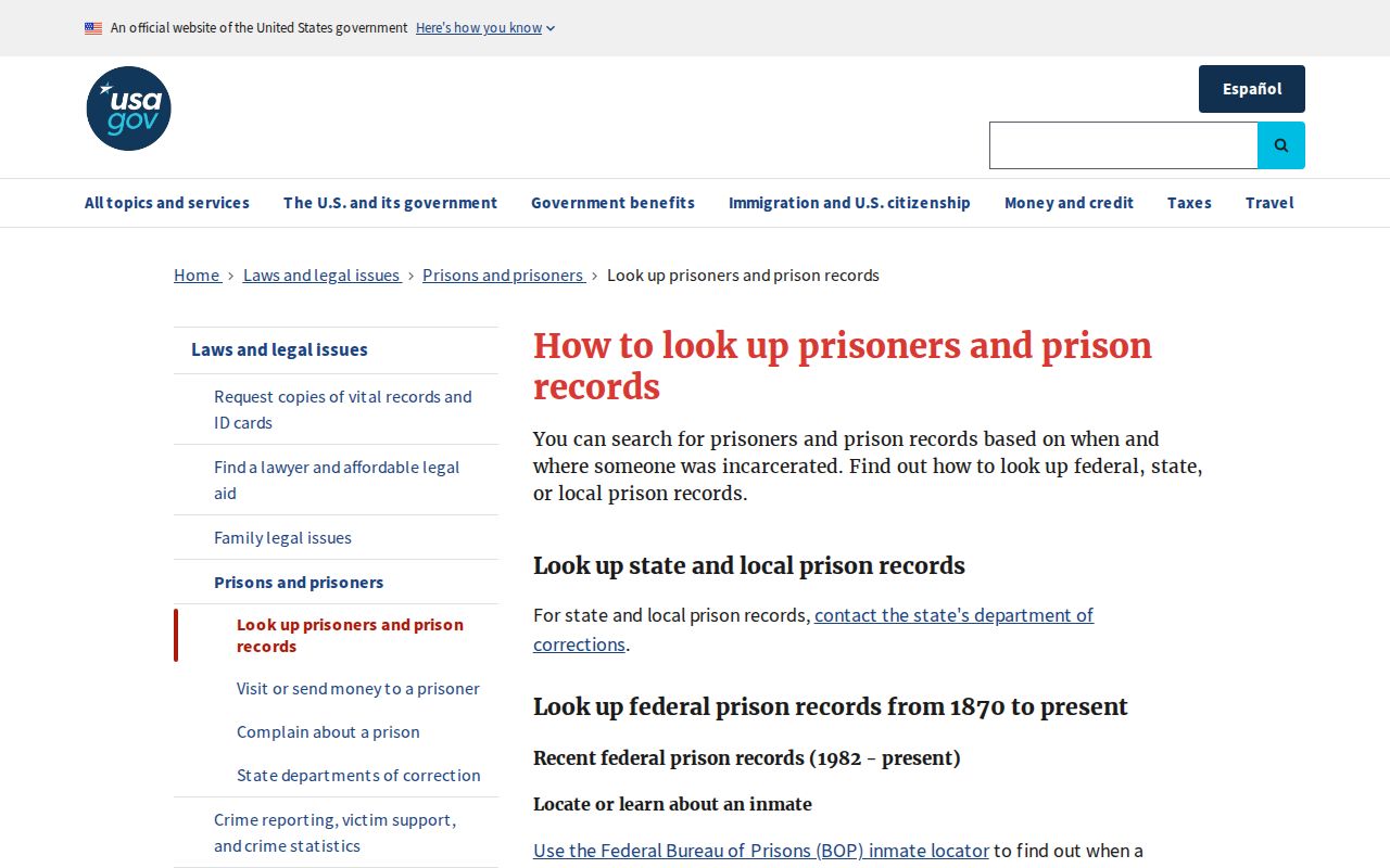 USAGov guidance for federal prisoner records and BOP release lookup