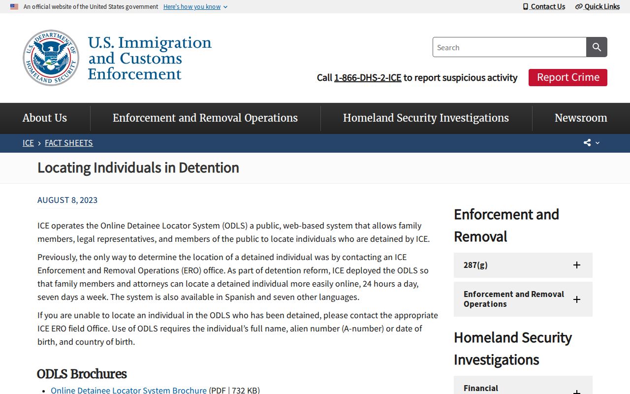 ICE locating individuals in detention guidance for ODLS searches