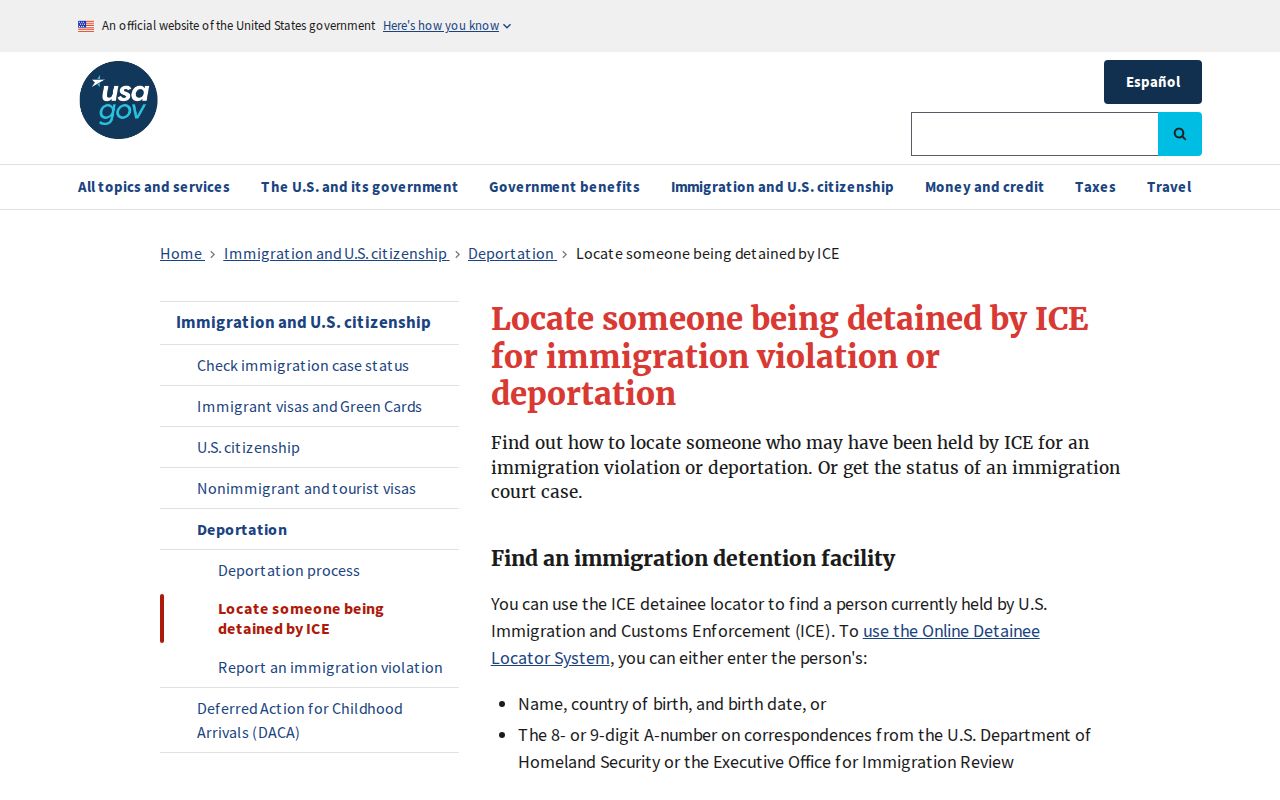 USAGov guidance on finding someone detained by ICE