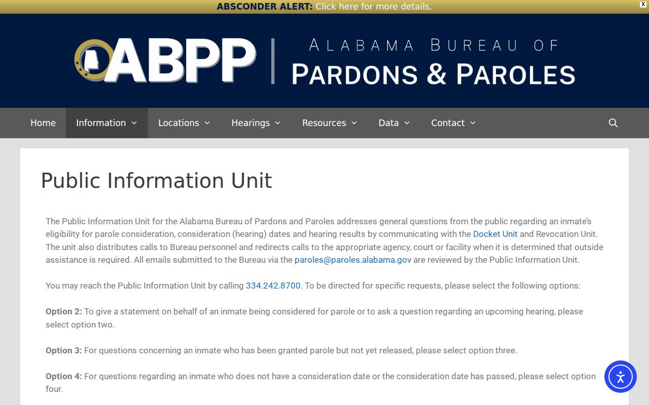 ABPP Public Information Unit page used for Jefferson County parole and probation verification