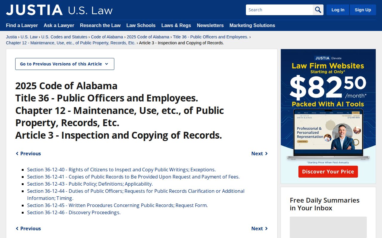 Alabama public-records code page relevant to official booking photo requests