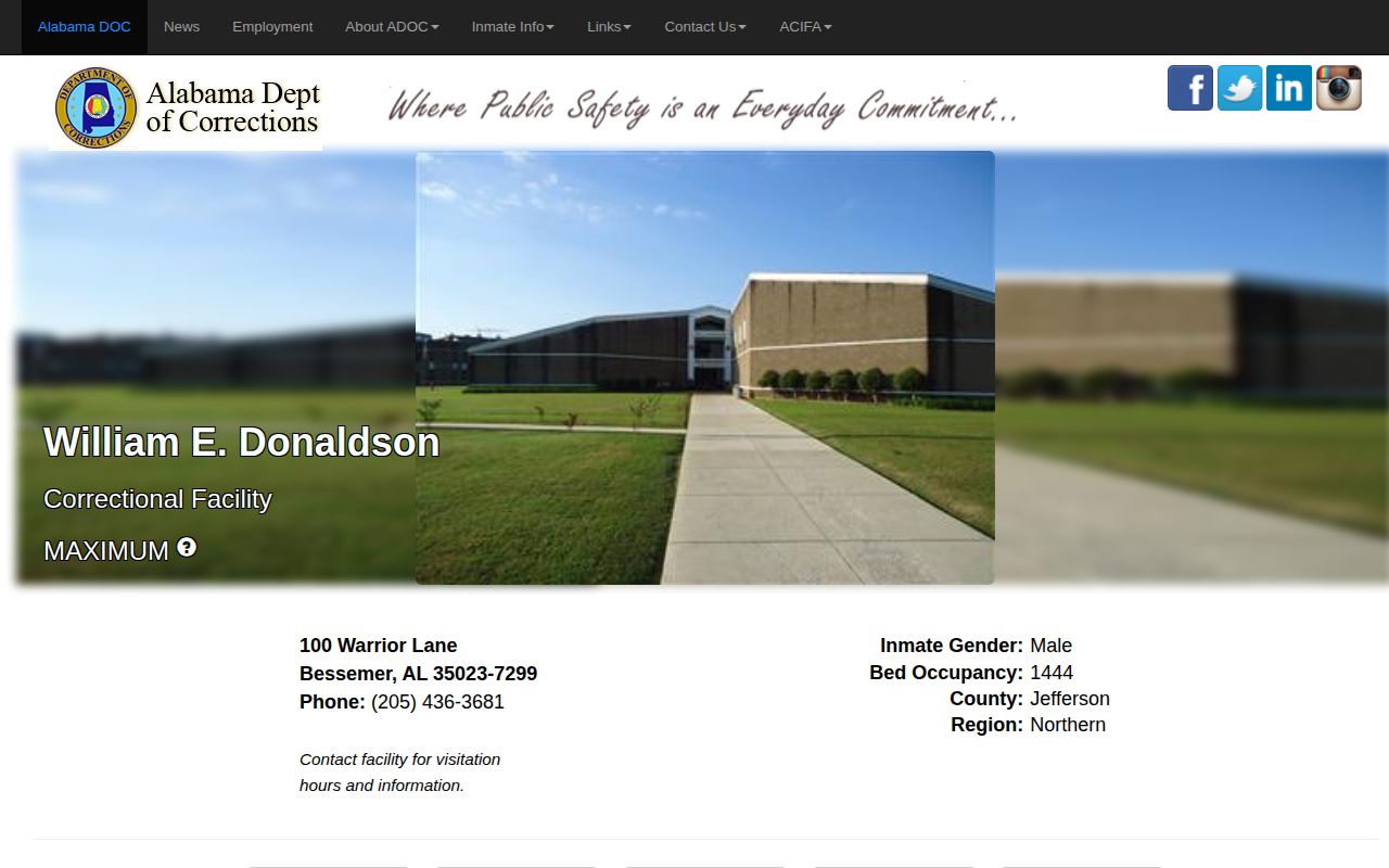 ADOC Donaldson facility page used for William E. Donaldson Correctional Facility release research